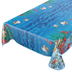 Tischdecke abwaschbar Wachstuch Aquarium Ozean Fische Blau 140x280 cm mit Saum
