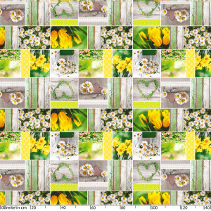 Tischdecke abwaschbar Wachstuch Frühling Tulpen Herz Holz Rund 140 cm mit Saum Grün