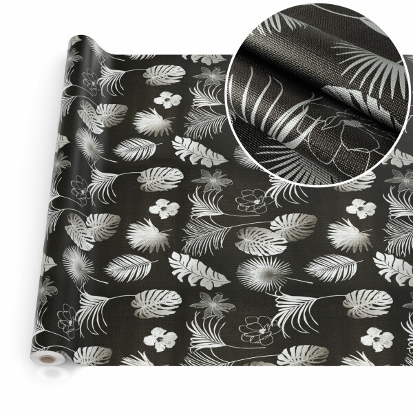 Wachstuchtischdecke abwaschbar Premium Leinenprägung Gartentischdecke Palmenblätter Silber Schwarz Breite 140cm