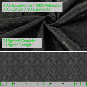Stoff Tischdecke Textil Meterware Tischtuch Baumwolle Polyester Premium Jacquard Ornament Barock Schwarz Outdoor Tischdecke